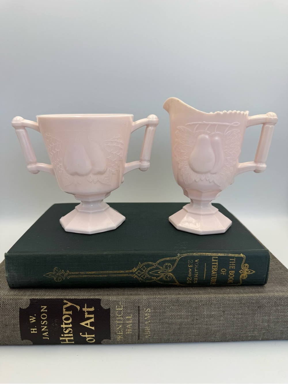 Jeannette Baltimore Pear Pink Milk Glass Set of Creamer and Sugar Bowl